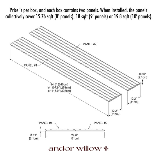 wide wood slat wall panel specifications drawings with andor willow logo