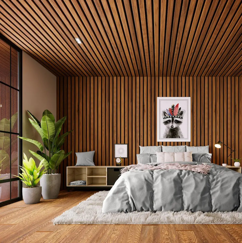 A beautiful modern bedroom with wooden slat paneling on the walls and ceiling