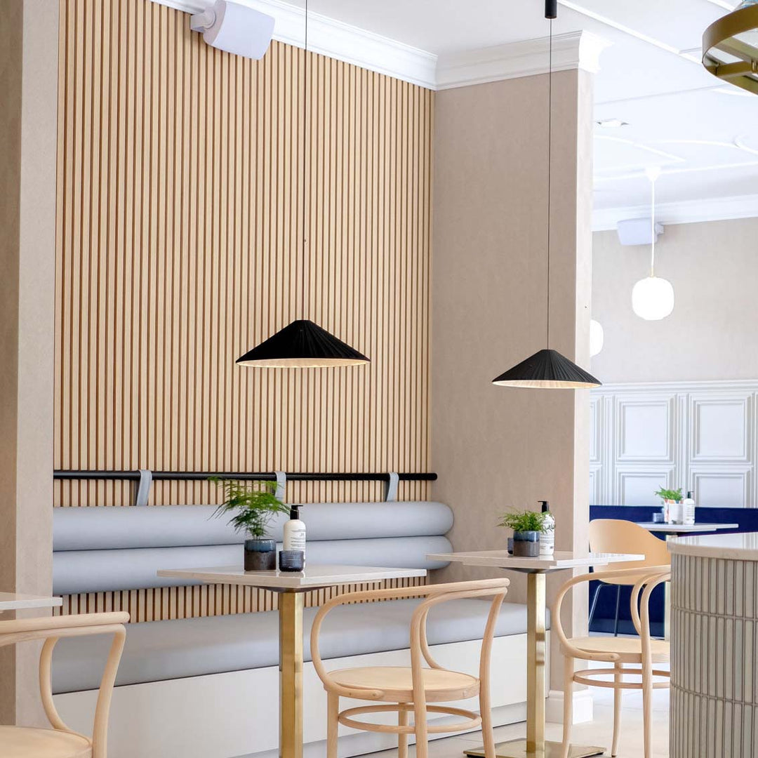 modern cafe design with oak wood slat wall panelling