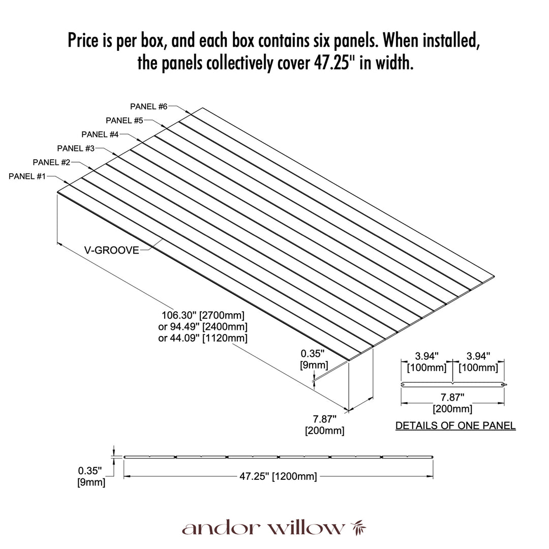 size illustration of andor willow v-groove panel dimensions