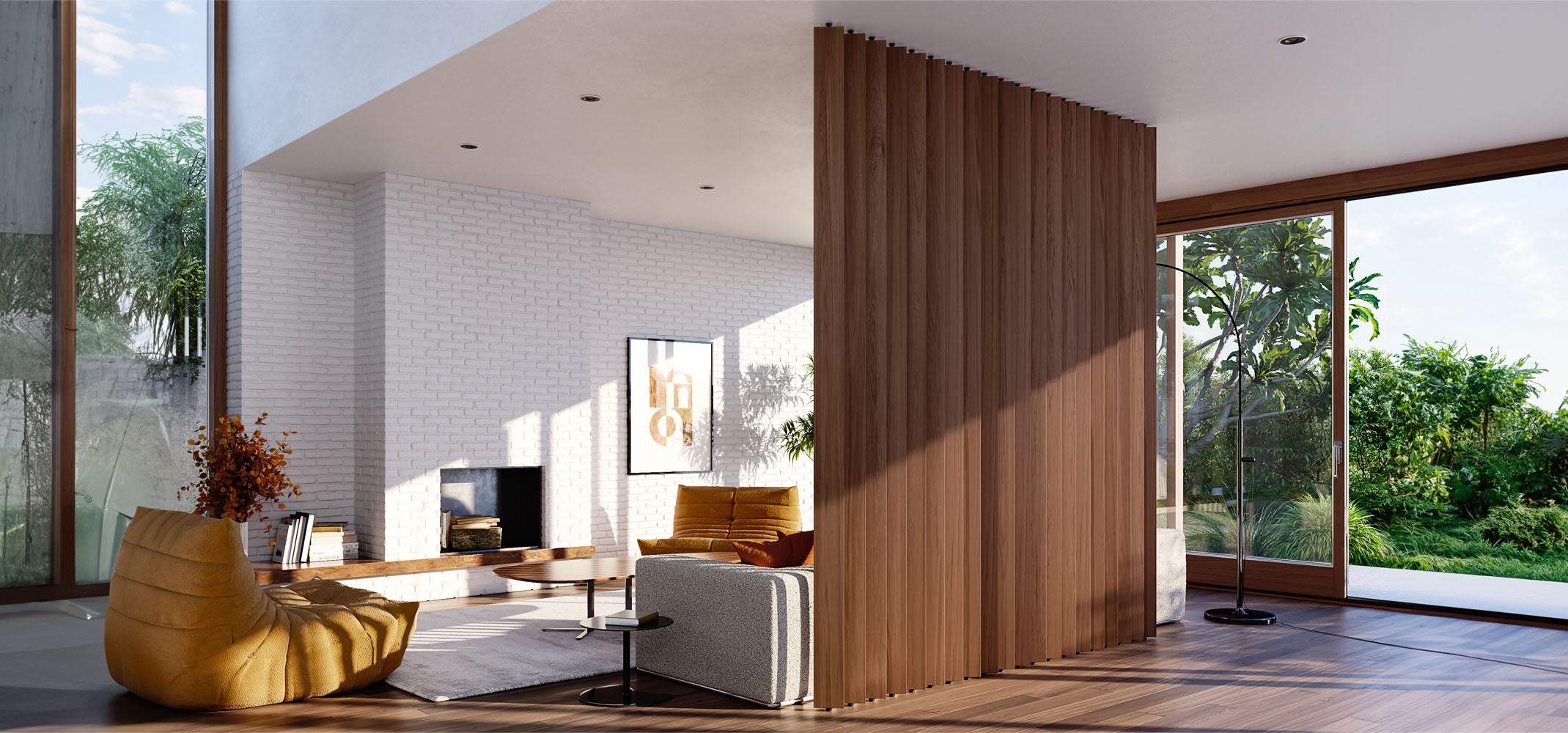 A bright room divided by a striking walnut wood slat partition, with a cosy seating area, modern fireplace, and a verdant outdoor view through floor-to-ceiling windows.