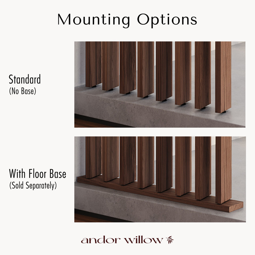 mounting options for walnut wood slat room divider with or without floor base