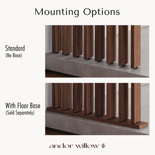 mounting options for walnut wood slat room divider with or without floor base