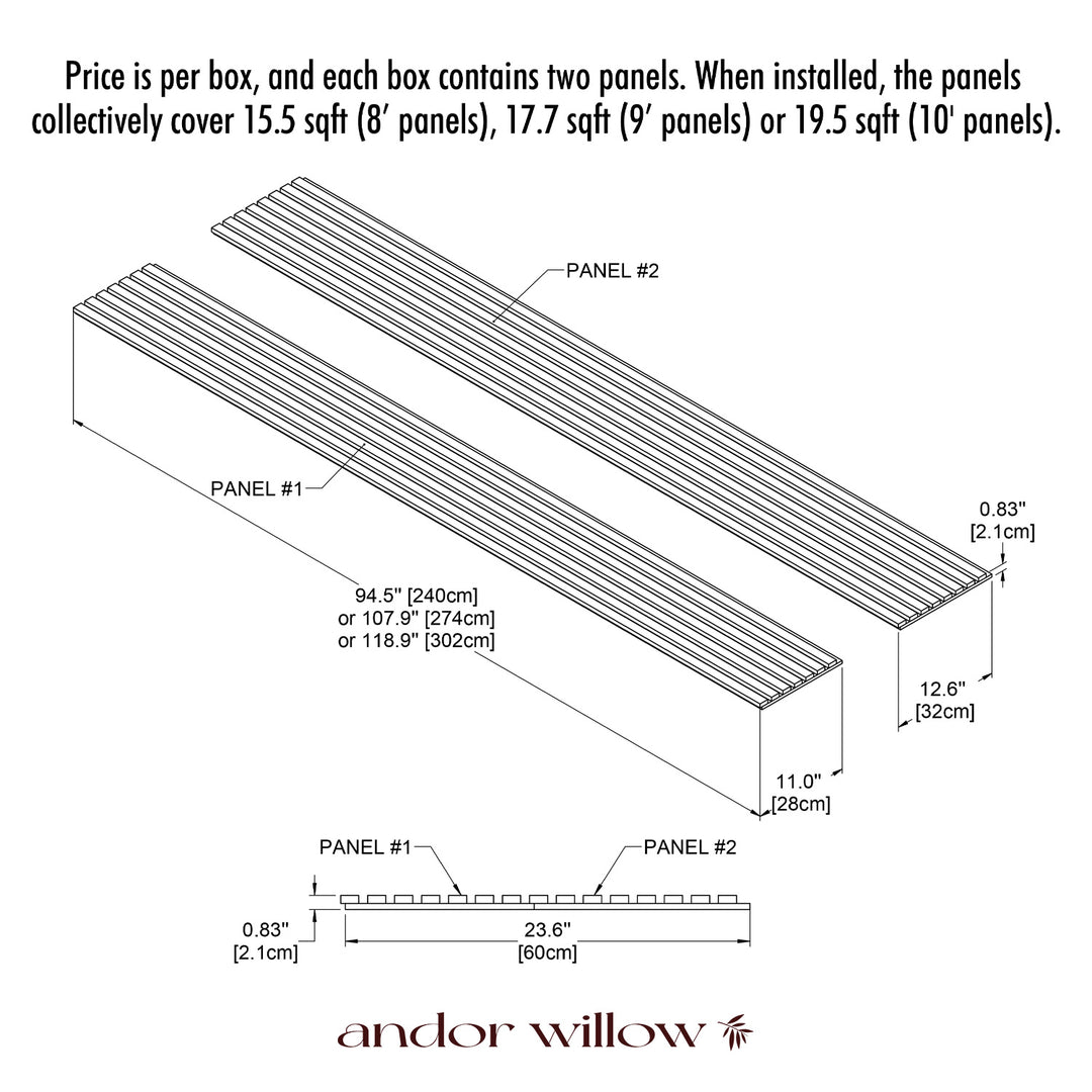Technical diagram of wood panels with dimensions and Andor Willow branding.