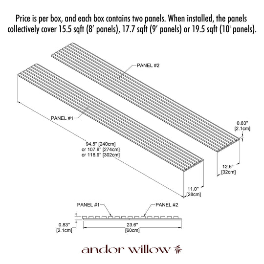 Technical diagram of wood panels with dimensions and Andor Willow branding.