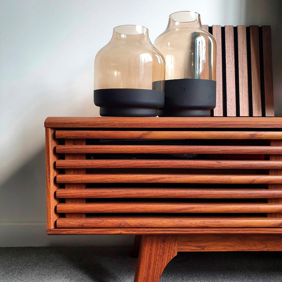 Stylish media center with wood slat willow panel sample