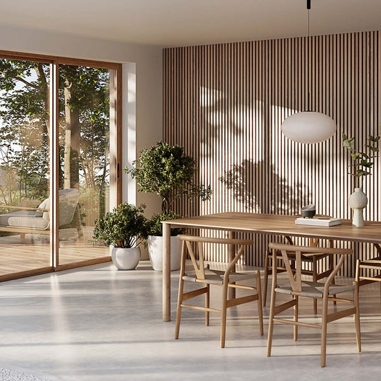 modern dining room with concrete floors oak furniture and a white oak wood slat accent wall