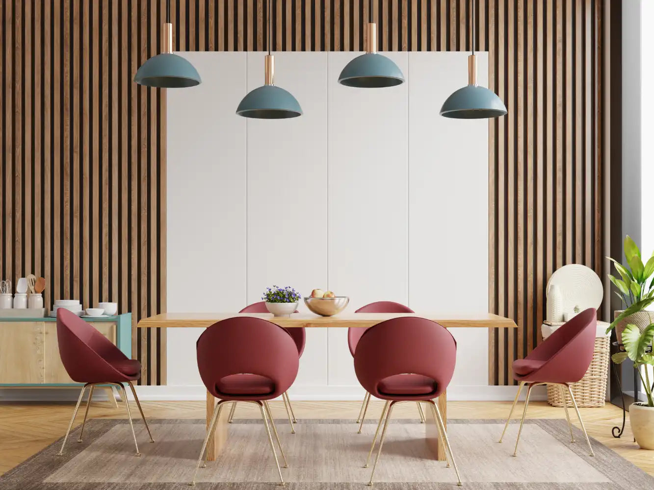 Modern dining area with vertical wood wall panels and stylish furniture, highlighting types of decorative wood wall panels