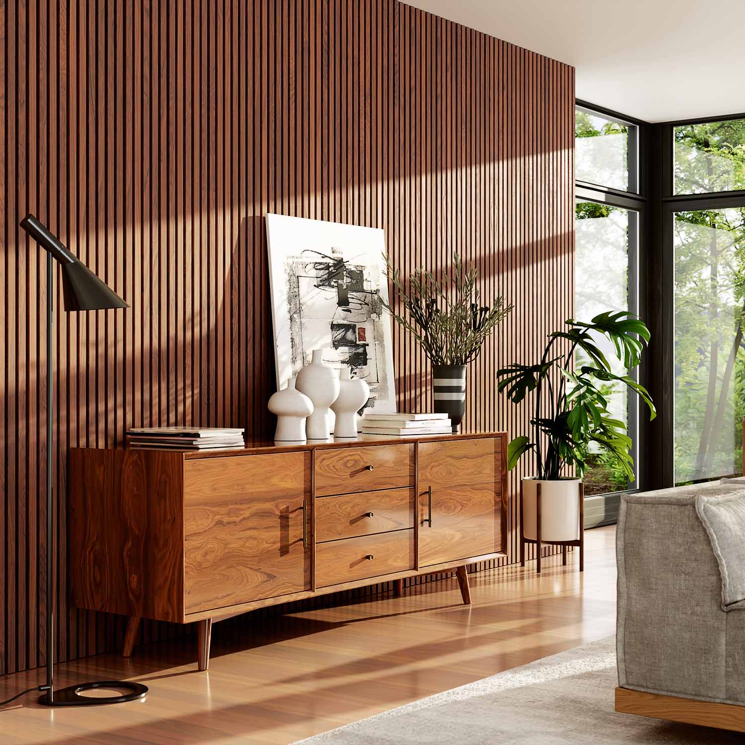 living room with wood slat wall panel