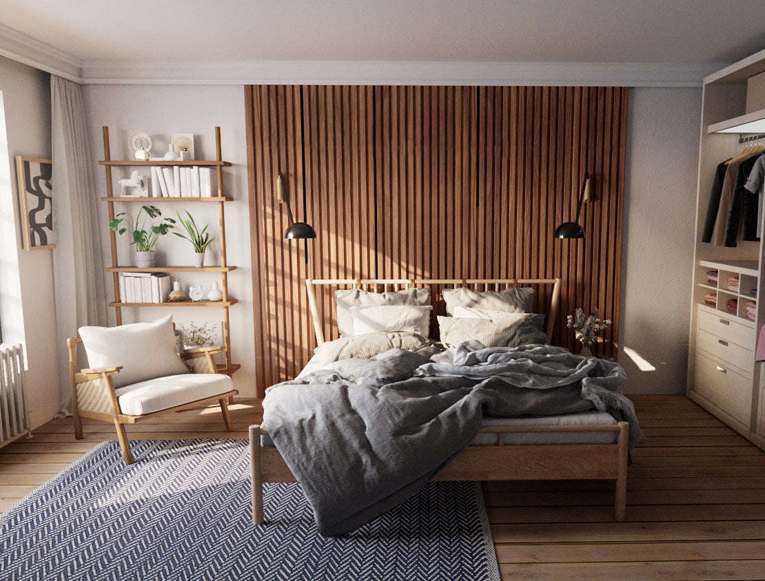 midcentury modern bedroom with a walnut vertical wood slat accent wall behind the bed