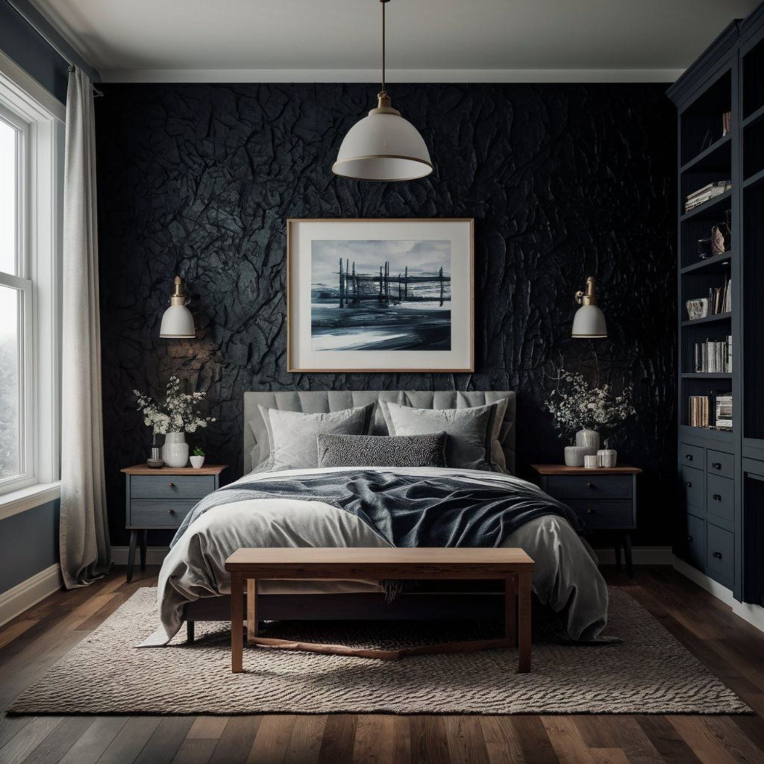 contemporary bedroom with black accent wall