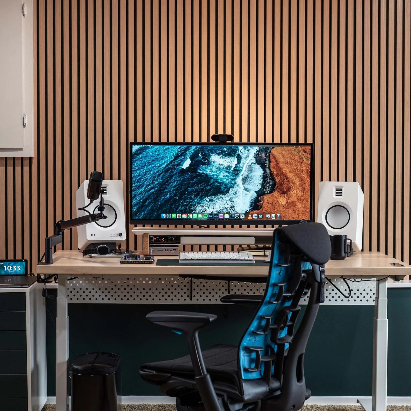 wood slat accent wall in a home office