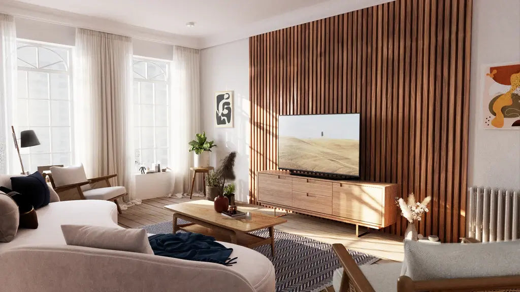 large wood panel accent wall in a living room