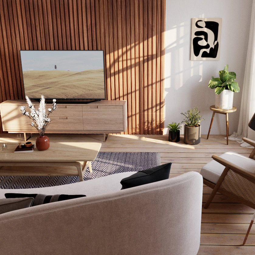 walnut vertical wood slat feature wall in modern living room