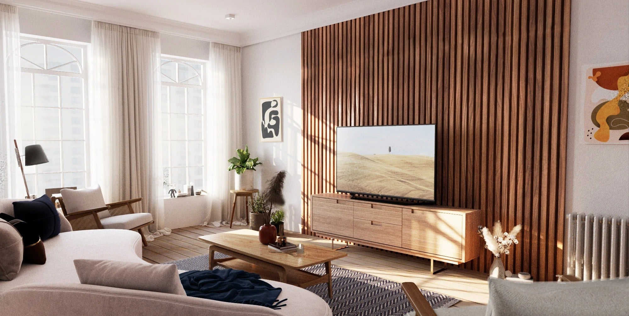 A cozy living room with a sofa, coffee table, and television against a wood wall panel accent wall. When made from eco-friendly materials, these wood slat walls are a beautiful example of sustainable interior design.