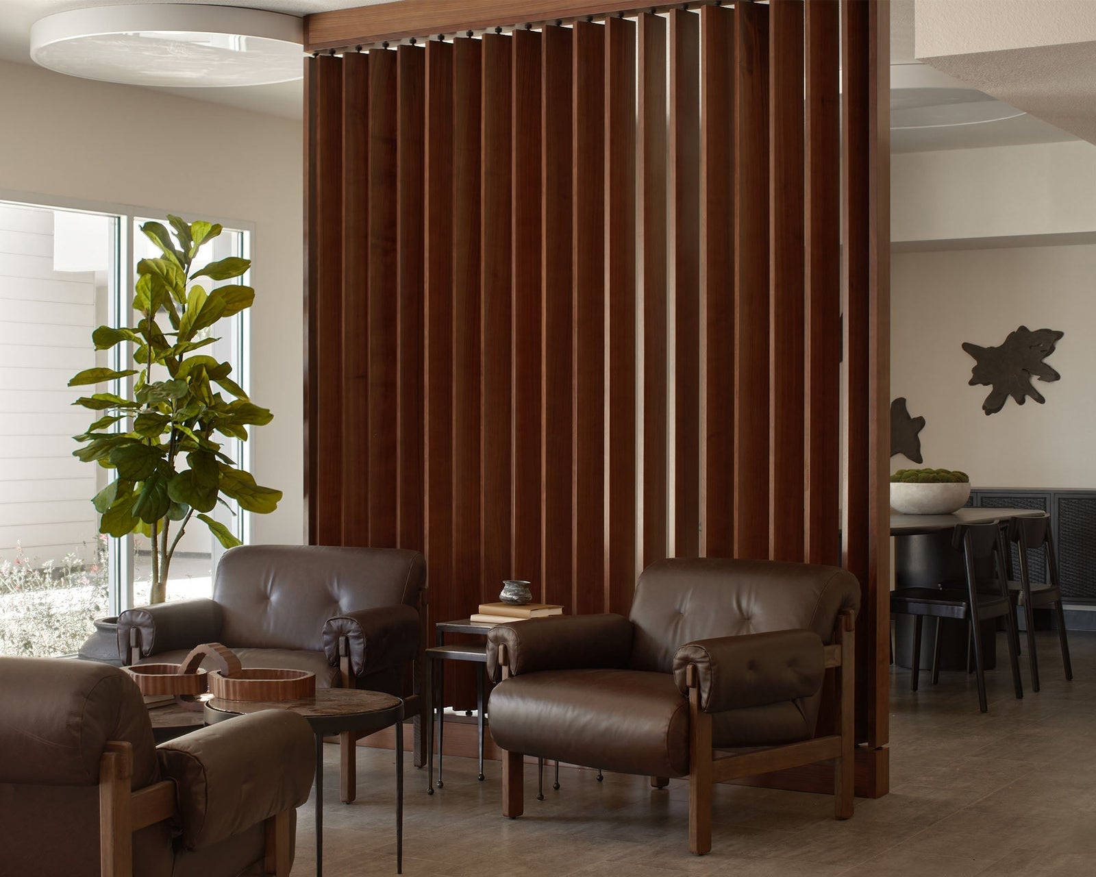 walnut wood slat room divider