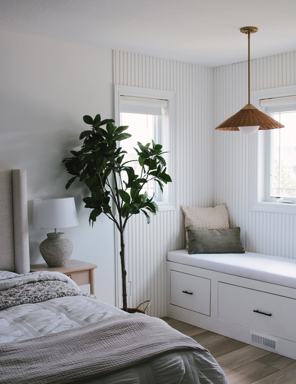 white painted wall panel in bedroom