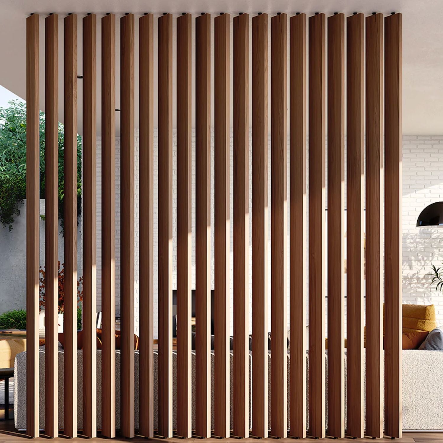 a slatted wall divider proving both functionality andaesthetics