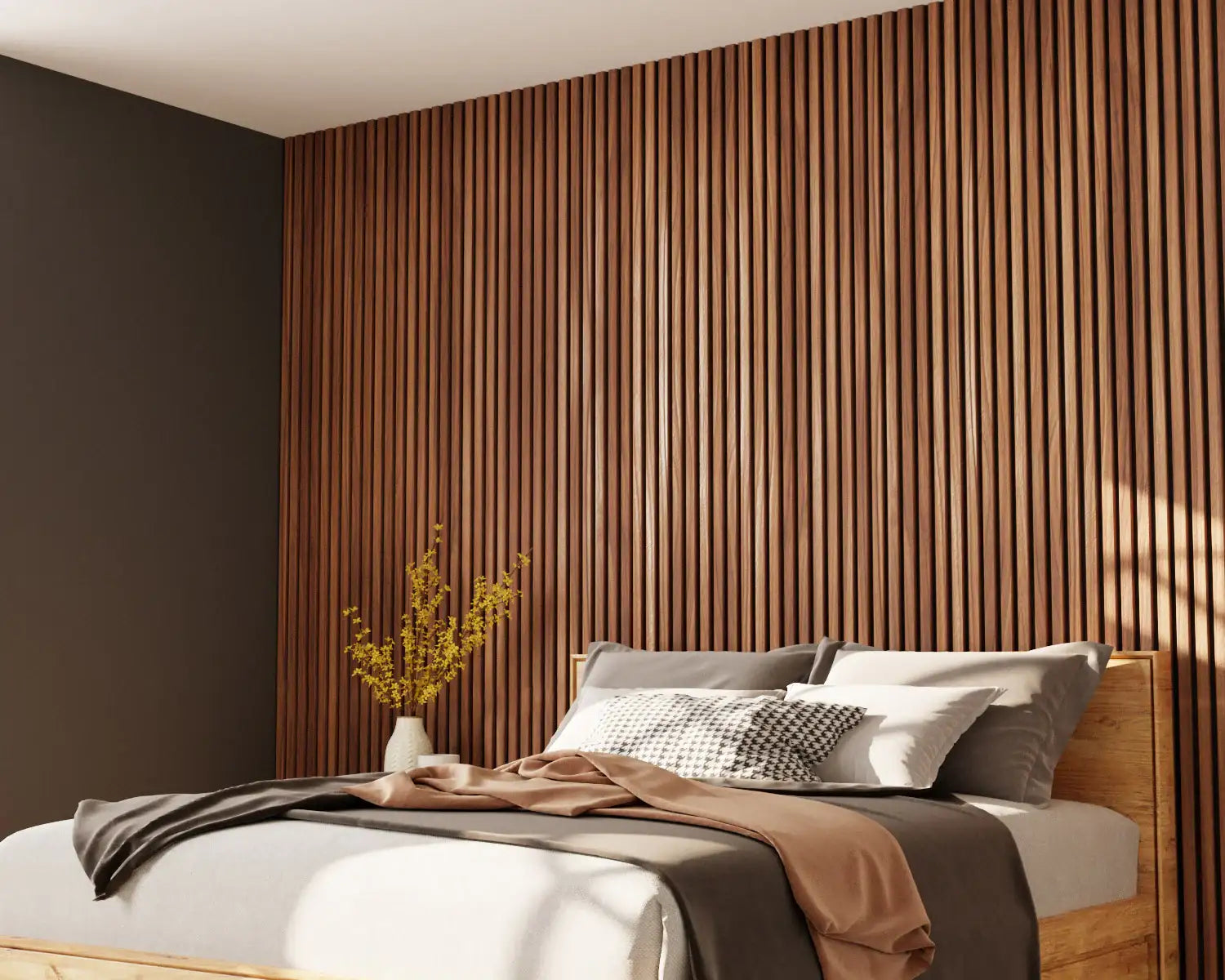 mid-century modern bedroom with vertical walnut wood slat accent wall