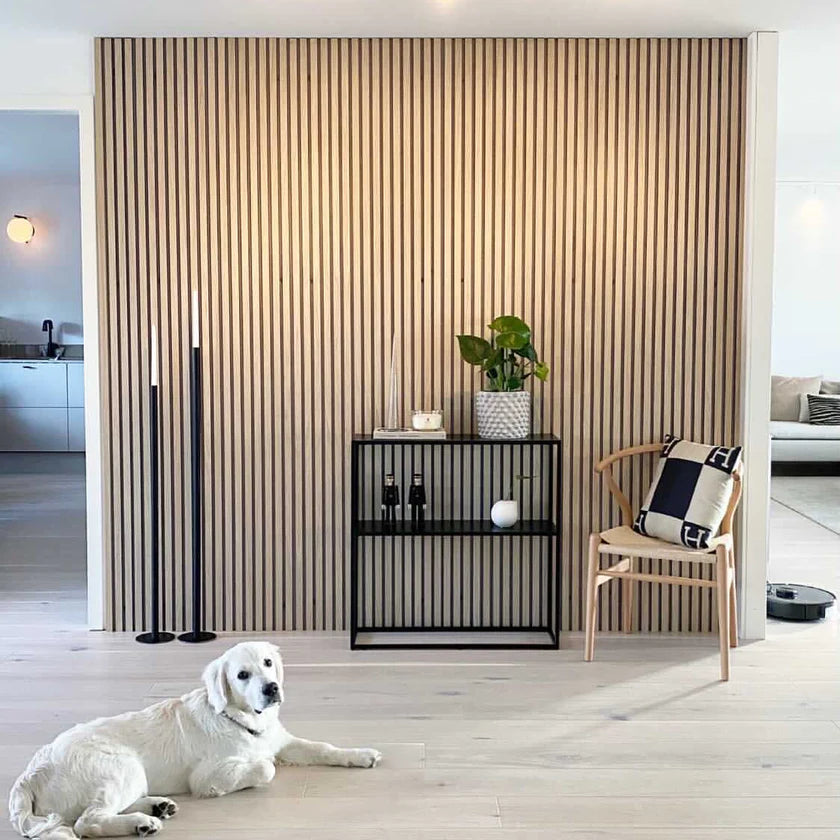 wood slat wal panels in a living room with a dog laying down