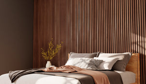 modern bedroom design with vertical walnut wood slat accent wall