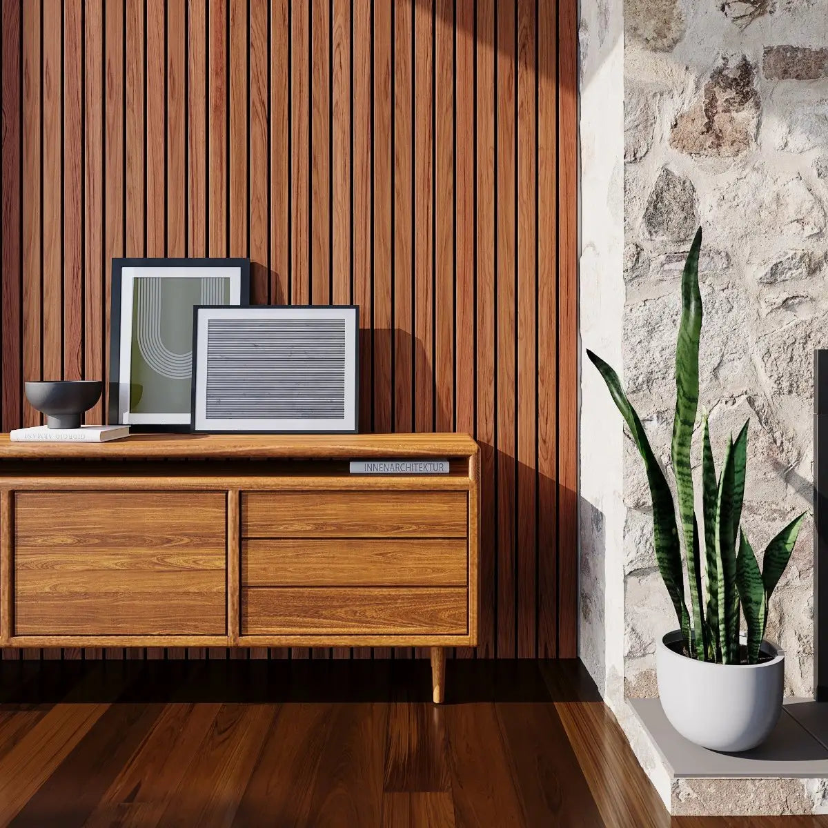 walnut wood slat wall paneling in mid century living room