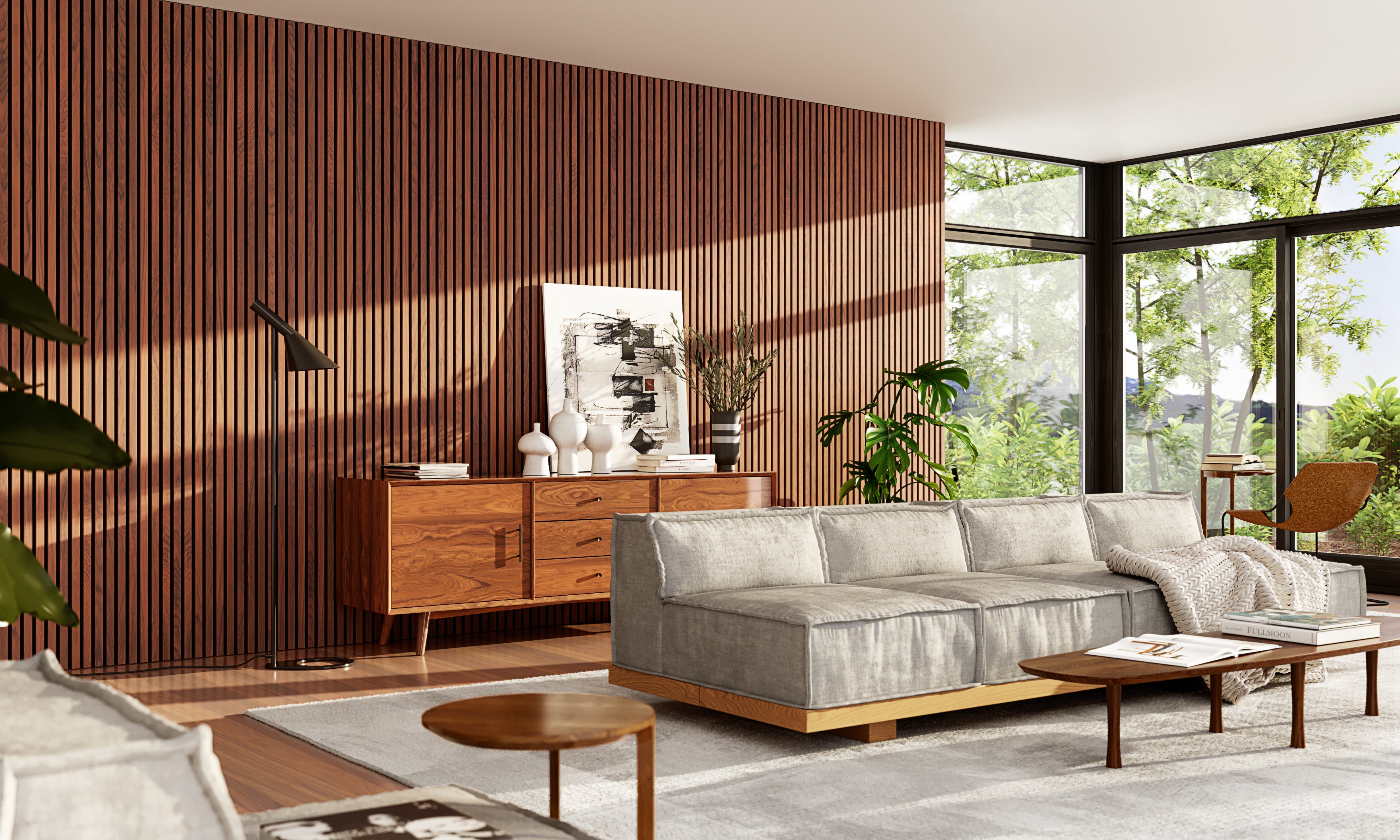 A contemporary living room with vertical wall panels, a grey sofa, wooden furniture, and large windows overlooking greenery