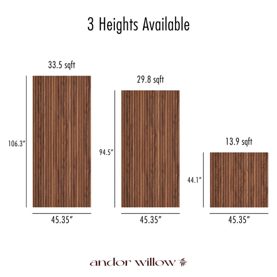 3 different heights of fluted wood panelling against white background with sizes illustrated