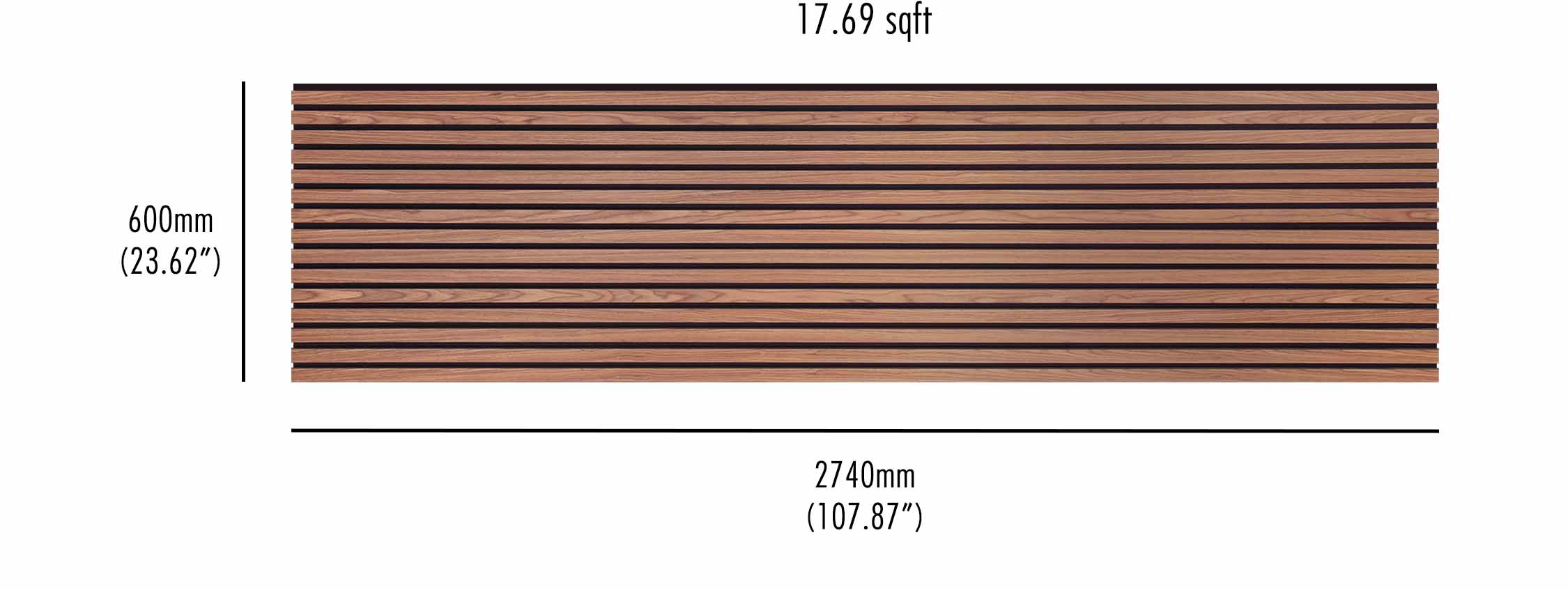 A diagram showcasing the dimensions of horizontal walnut wall panels, with measurements of 600mm height and 2740mm width, totalling 17.69 square feet.