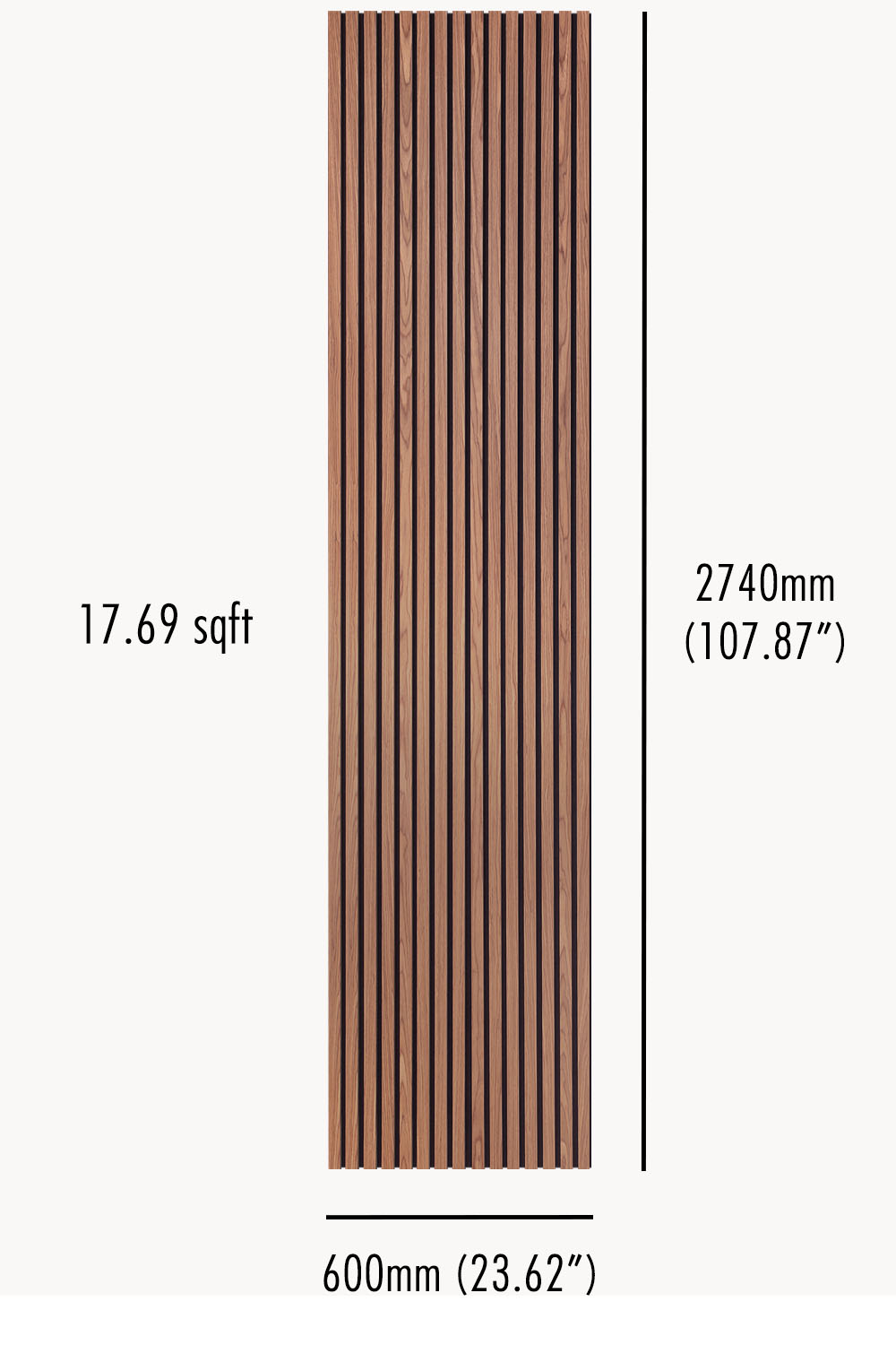 A tall vertical walnut wall panel with dimensions, 600mm wide by 2740mm high, covering 17.69 square feet.