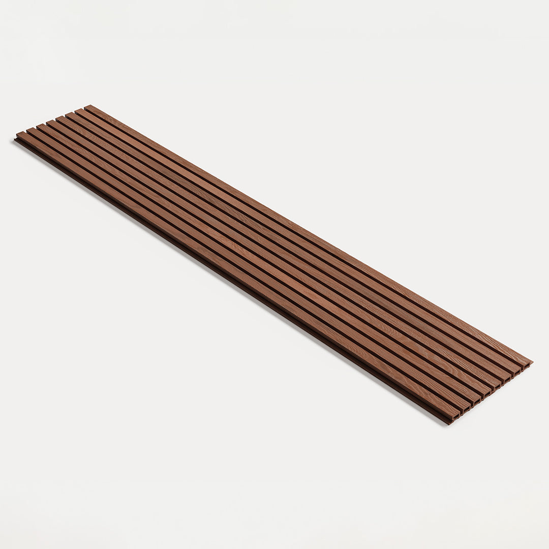 Honey Oak wood-look exterior wood slat panel on white background