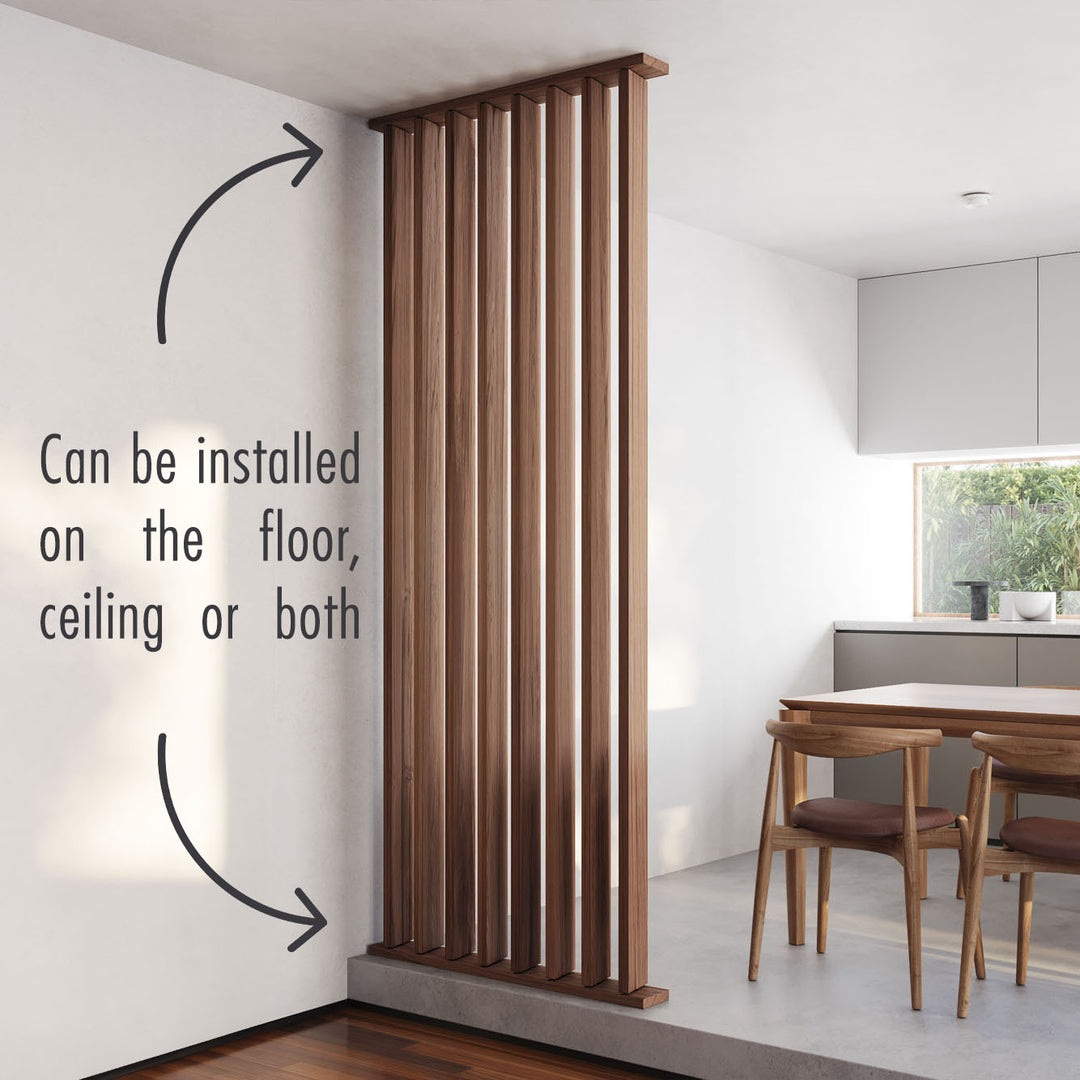 wooden slat room divider with horizontal floor and ceiling bases in modern kitchen