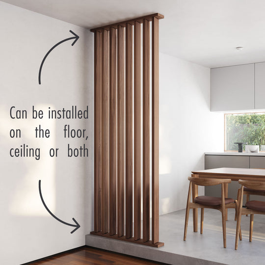 wooden slat room divider with horizontal floor and ceiling bases in modern kitchen