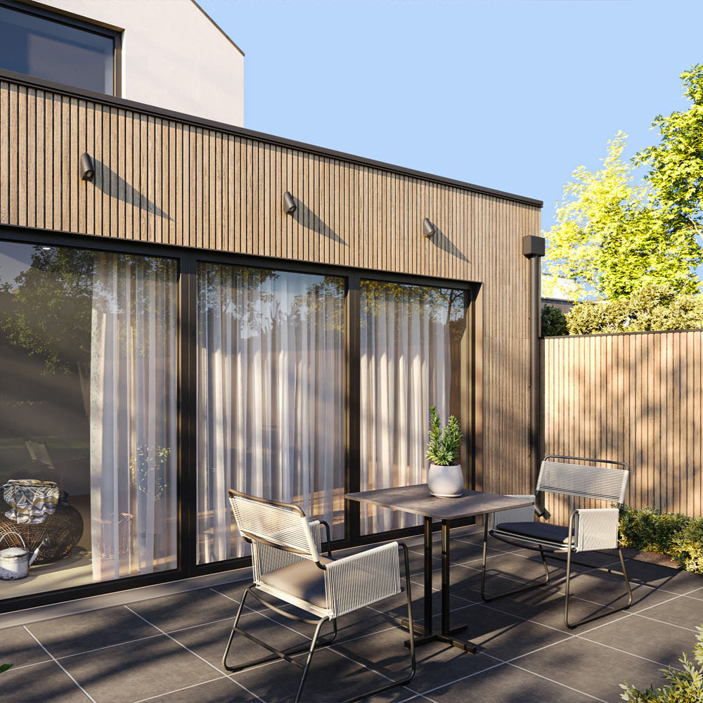 modern backyard patio with ash wood slat exterior cladding