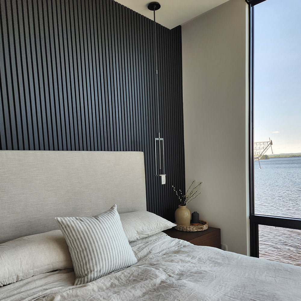 charcoal finish 9' wood slat wall panel bedroom