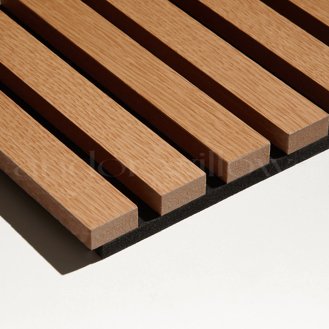 closeup photo of brown oak decorative wood slat wall panel