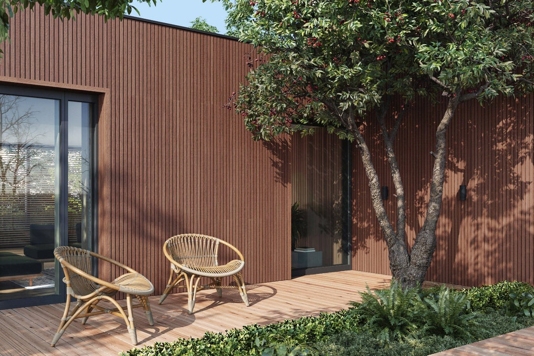 modern home back patio with slatted oak cladding facade