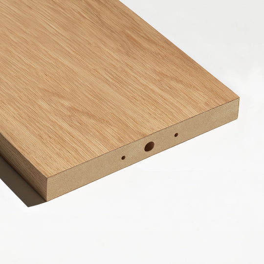 closeup of wide room divider slats in real oak veneer against white background