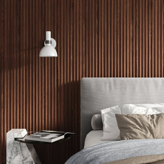 fluted wood wall panels in modern bedroom closeup image