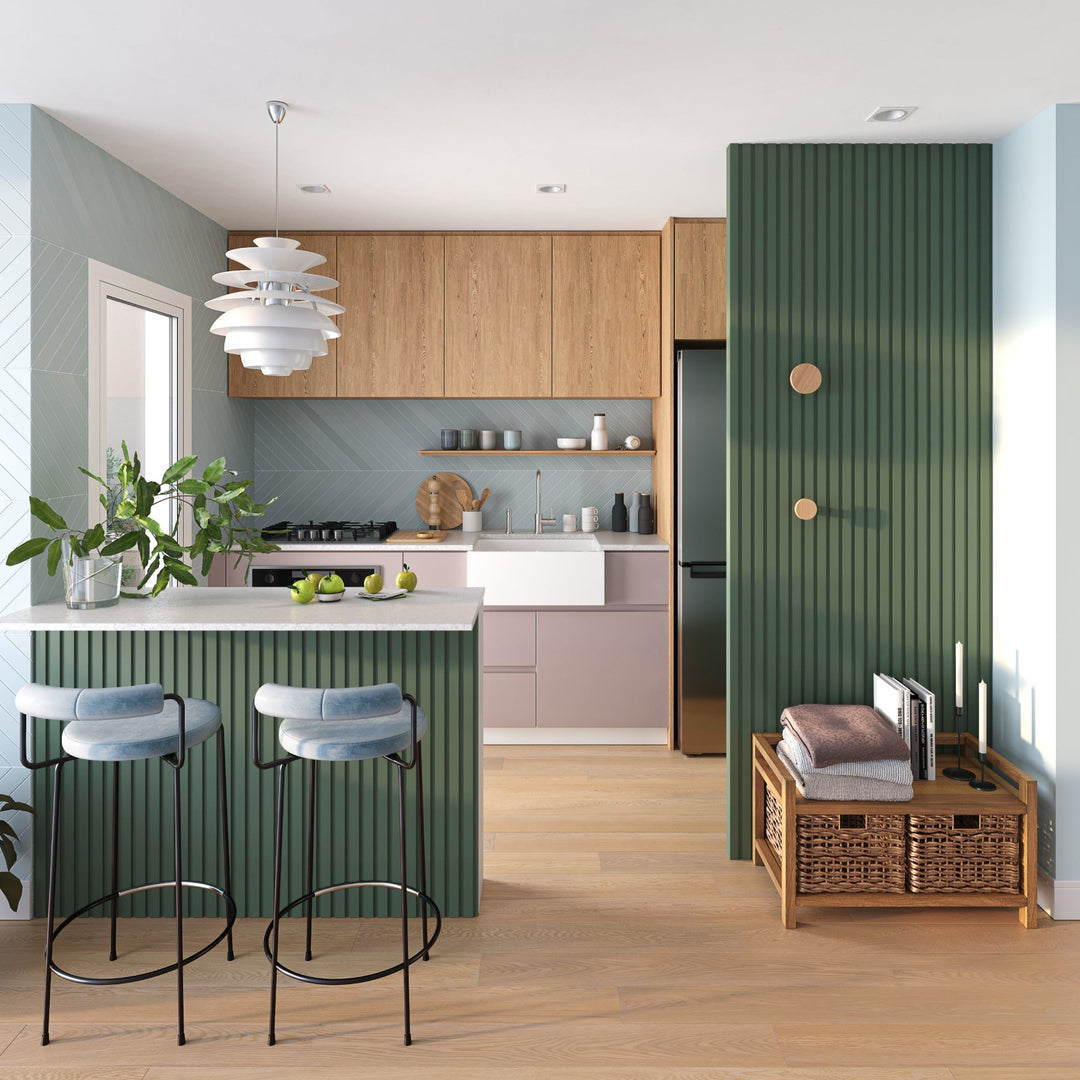 modern kitchen with green slatted panels on wall and island with white oak cabinets