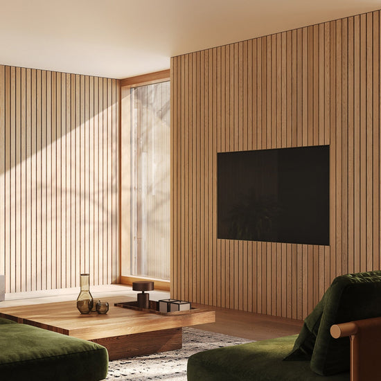 Beautiful room with wide wood slat panels