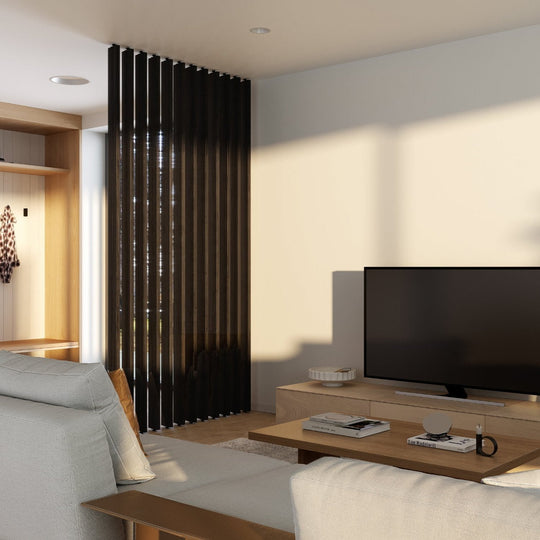 modern living room with black wood slat partition