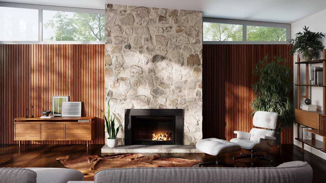 sunny midcentury modern living room with eames chair and vertical walnut wood panelling