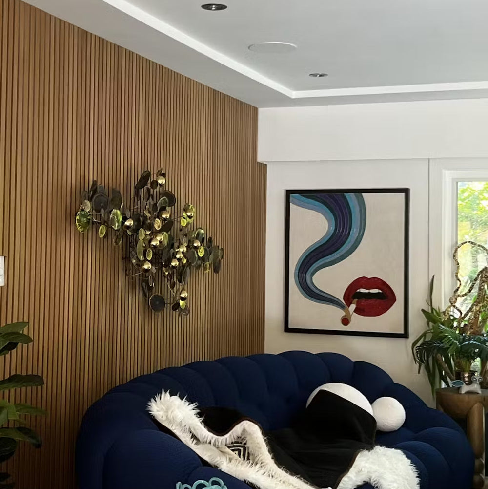 midcentury wood slat accent wall behind couch