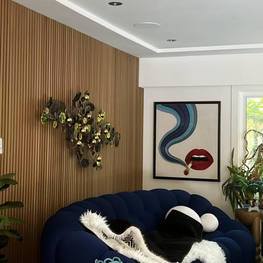 midcentury wood slat accent wall behind couch