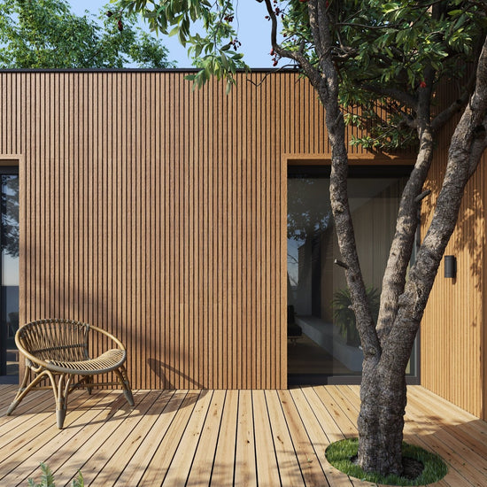 modern home with exterior wood slat wall cladding