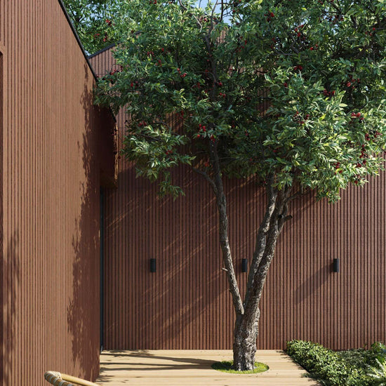 porch of modern scandinavian home with exterior wood slat cladding and trees