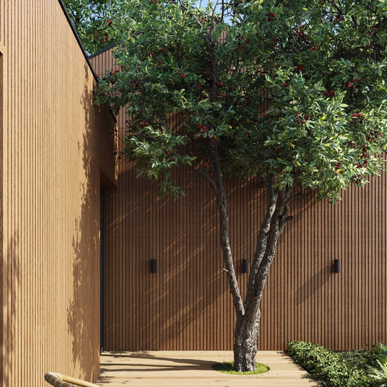 porch of modern scandinavian home with exterior wood slat cladding and trees