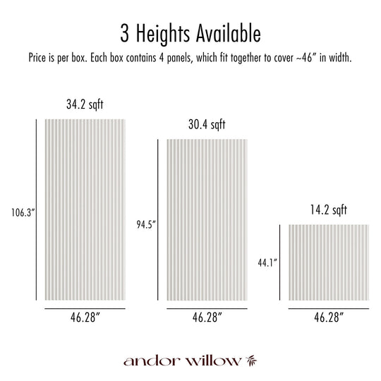 dimensions of paintable slatted wall panels in 44" and 8ft and 9ft lengths