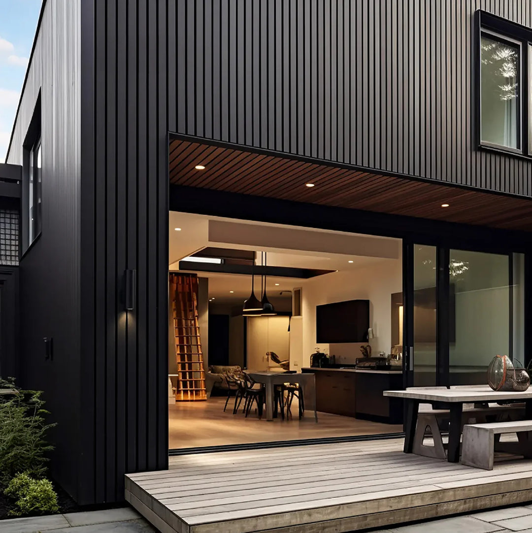 modern black home with black exterior wood slat cladding